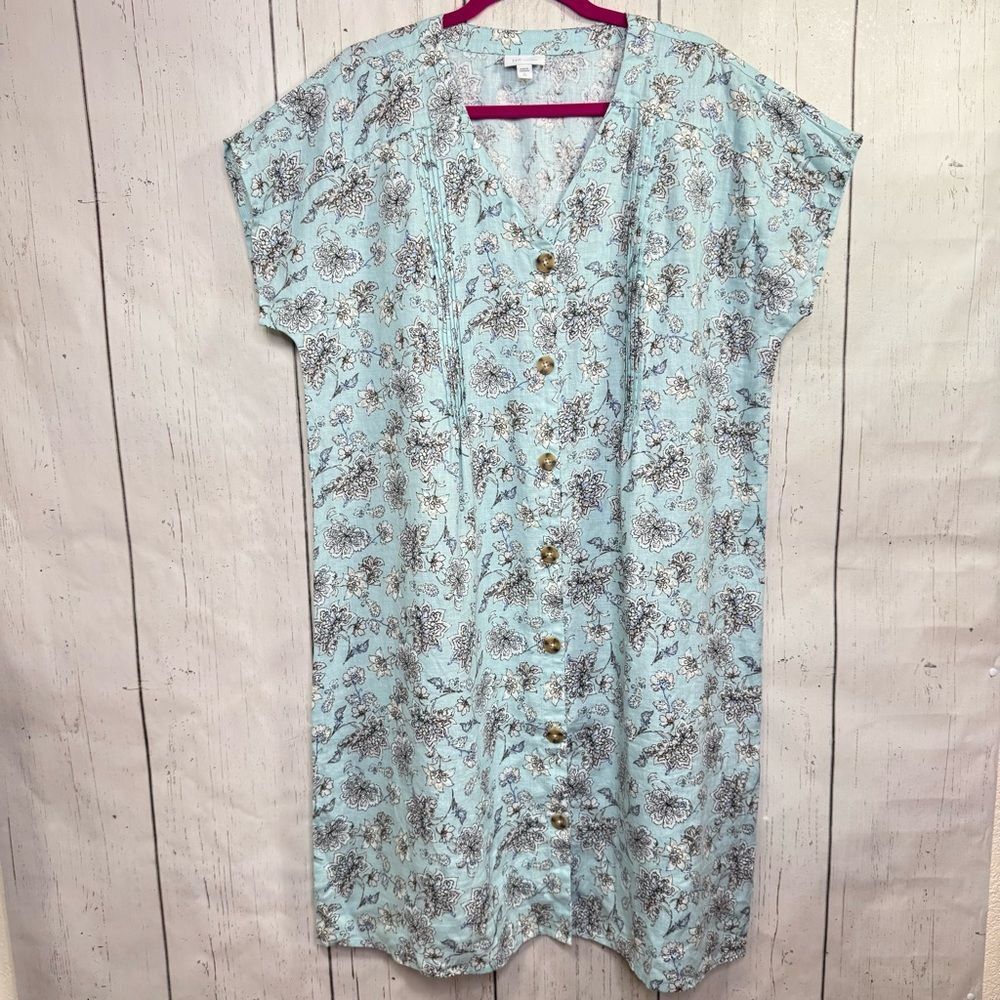 J Jill Love Linen Blue Floral Button Front Midi Dress Pleated L Tall Lagenlook